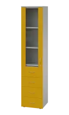 LE - 44 skříň léková prosklená, levá, korpus šedý, dvířka žlutá odio